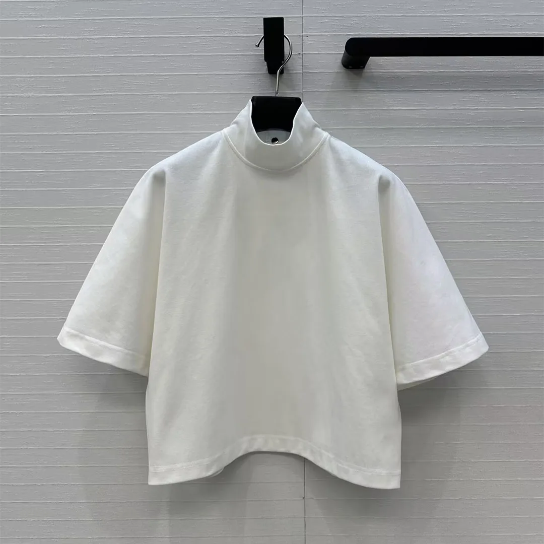 

New Spring Summer Trendy Heavy Cotton T-shirt Women Turtleneck Short Sleeve Back Buttons Loose Cute Crop Tops