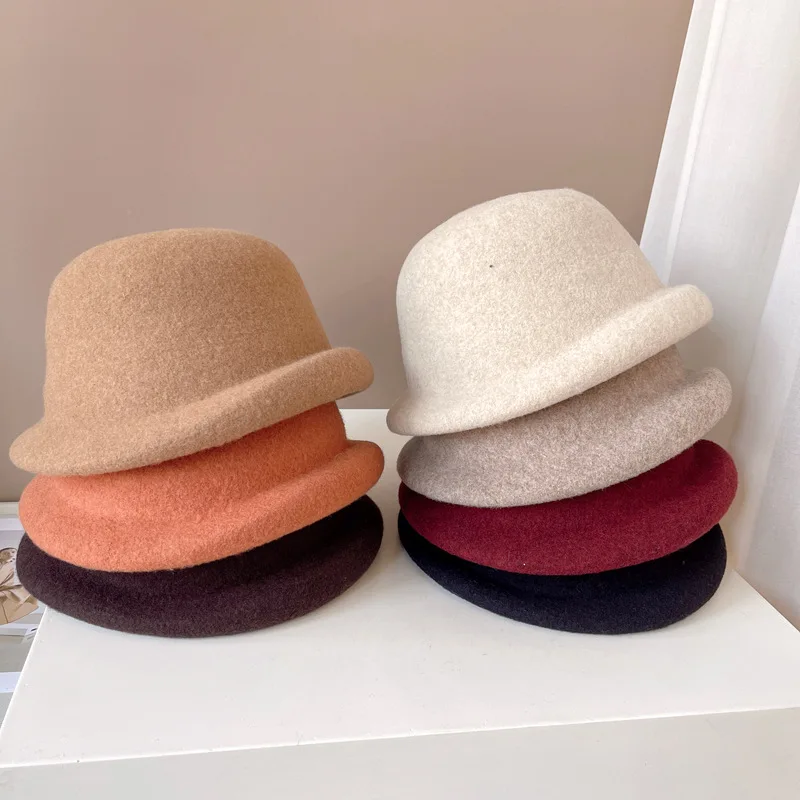 

100% Australian Wool Fisherman hat for women French fashion simple rolled brim pot hat elegant solid color all-in-one top hat