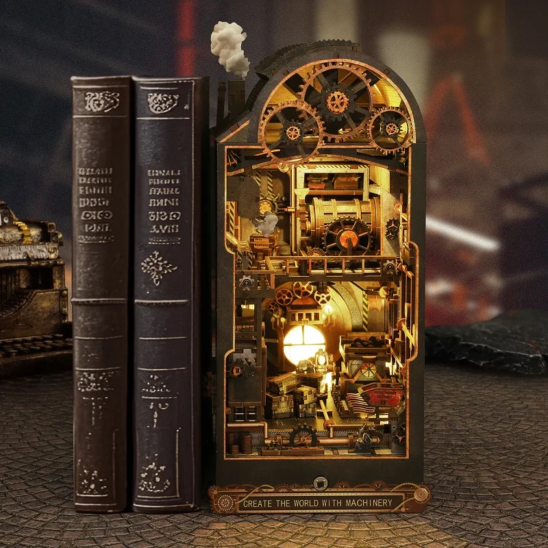 DIY książka kącik półka zestawy wkładek mechaniczny domek świetlny drewniany miniaturowy zestaw modeli do składania ręcznie robiony Bookend półka na książki prezenty dla przyjaciół