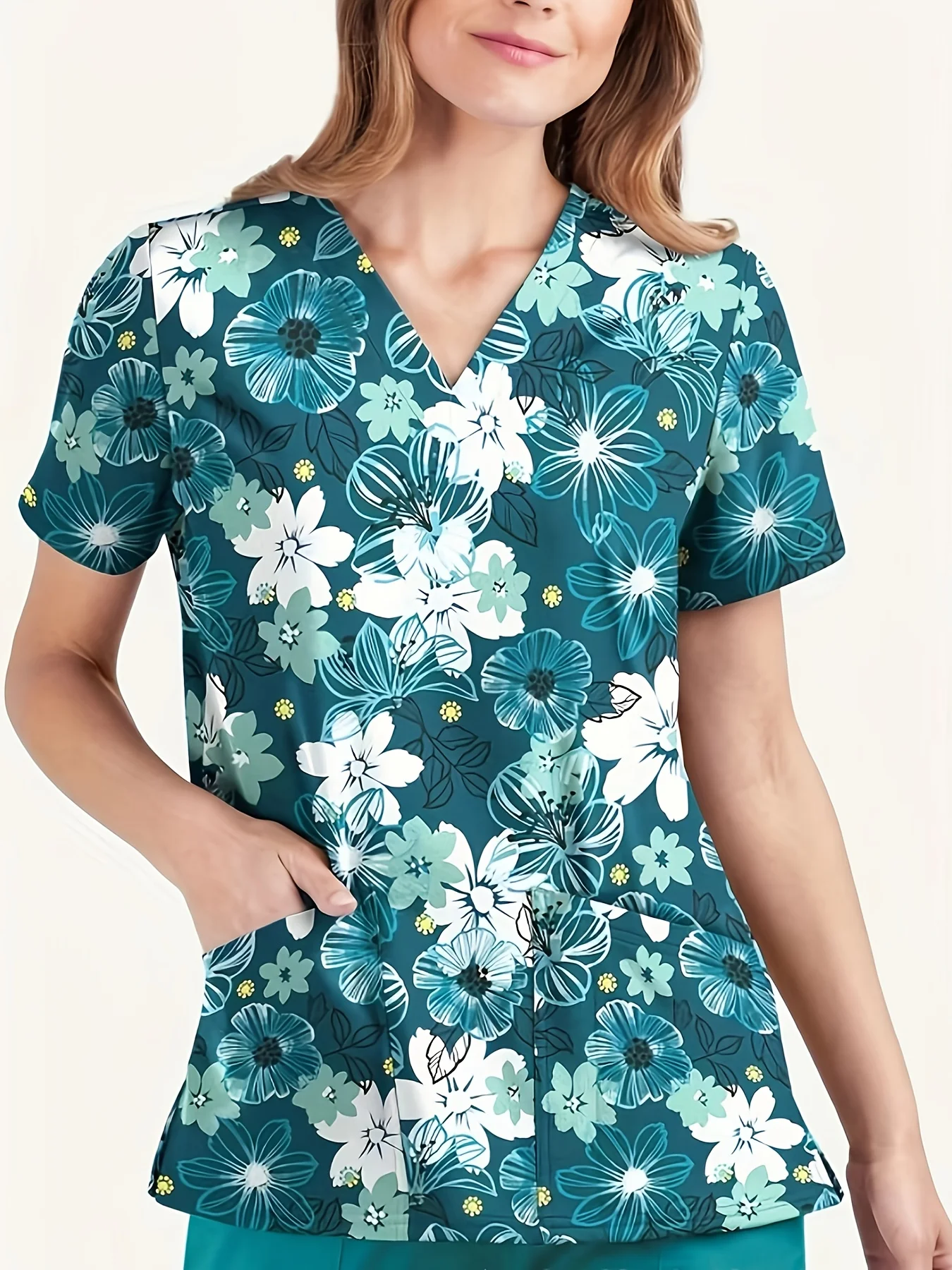 Women's Vintage Floral Print Surgical Gown Tops Short Sleeve V Neck Nurse Uniform Shirt with Pockets T-Shirt Nursing Work Tops