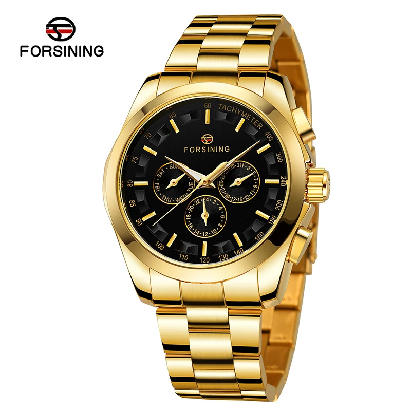 FORSINING Mechanical Mens Watches Top Brand Luxury Golden Stainless Steel Band Automatic Day Date 24 Hour Male Clock Gift Box