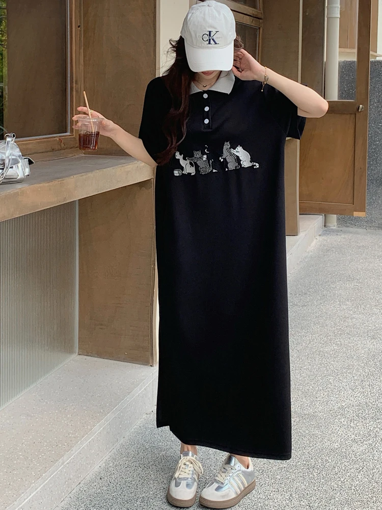 NYFS 2025 فستان نسائي كوري صيفي جديد من فيستدوس رداء Elbise فضفاض مقاس كبير برقبة بولو مطبوع وأكمام قصيرة فساتين طويلة #5