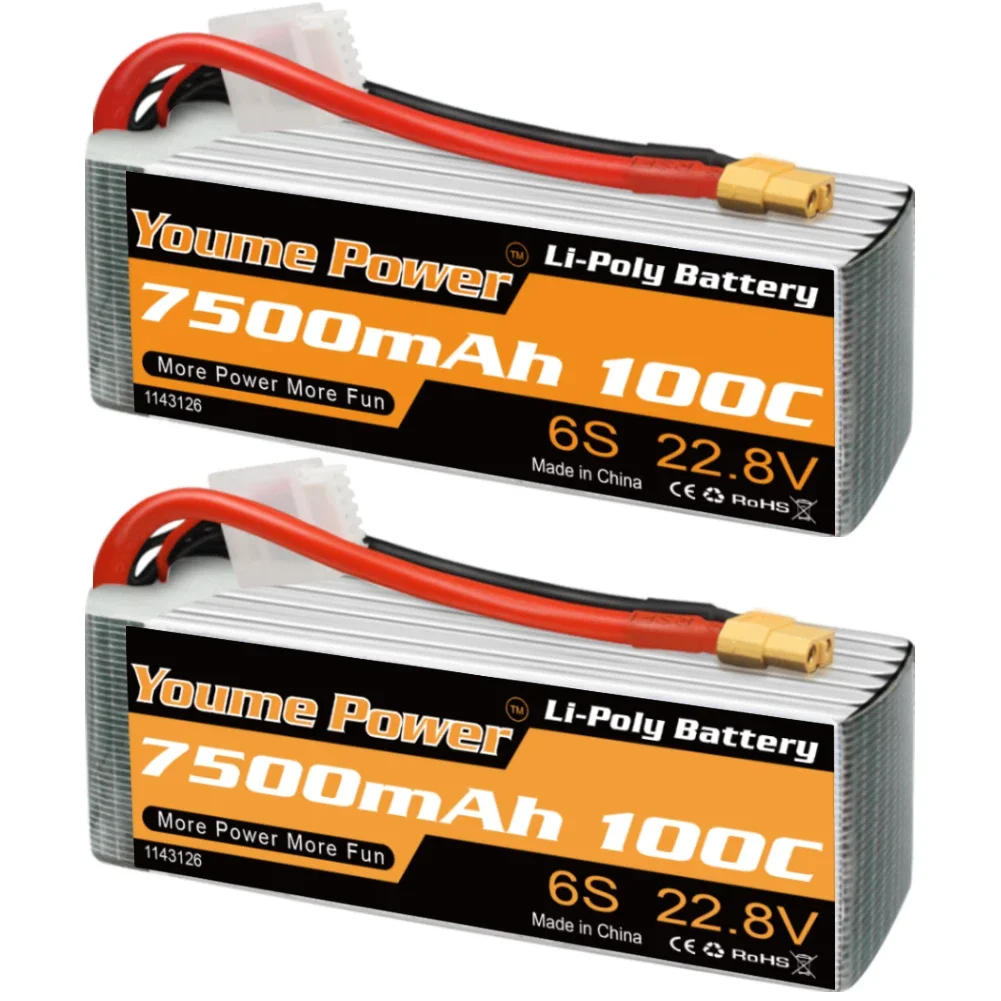 

Новый аккумулятор Youme 22,8 В 7500 мАч Lipo 6S Lipo Высоковольтный аккумулятор 100C с разъемом XT60 для радиоуправляемого автомобиля RC