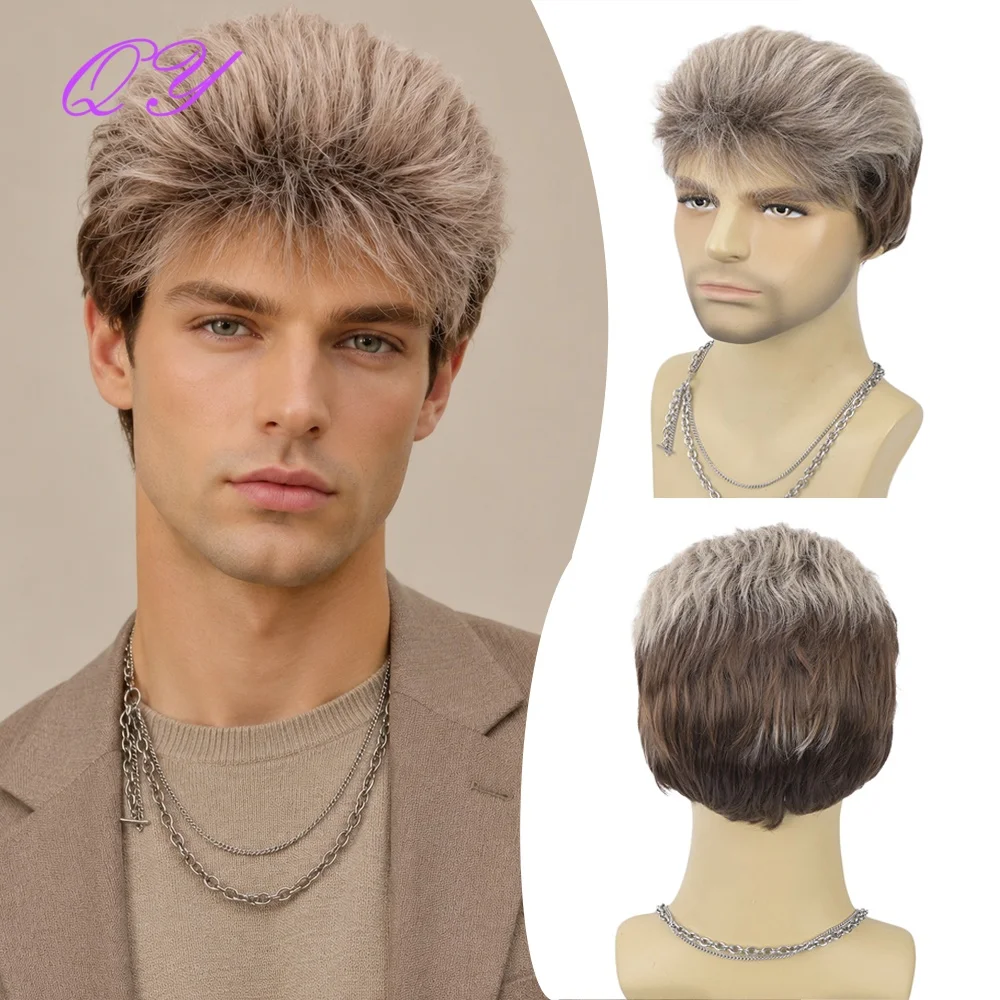 Synthetic Short Brown Flaxen Men's Layered Fluffy Wig With Bangs, High-Quality High-Temperature Fiber Wig For Daily Or Party Use