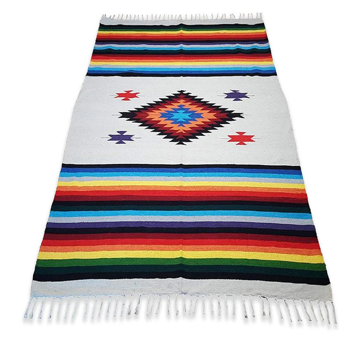 Mexican Style Outdoor Beach Picnic Blanket Mat Diamond Print Hanging Tapestry for Sofa Bed Plane Travel Camping with Tassel