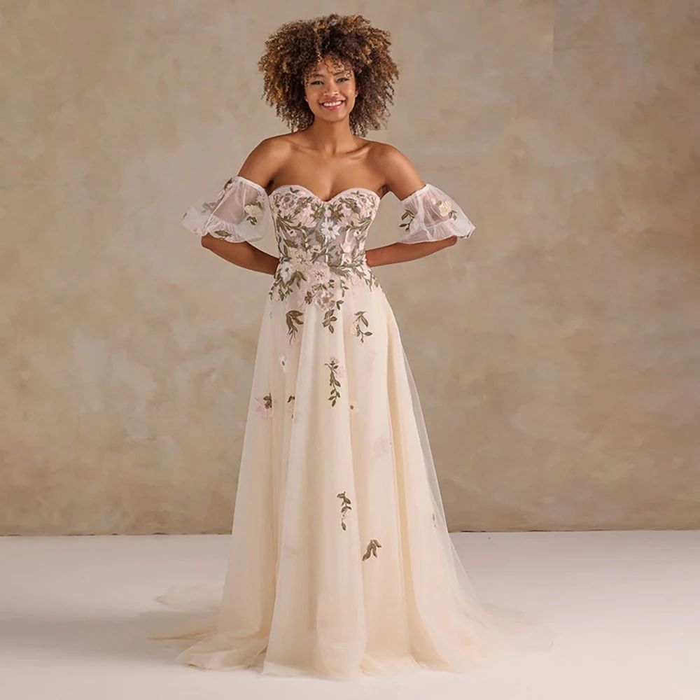 Embroidered Colorful Flower Wedding Dress Off Shoulder Sweetheart Short Puffy Sleeves A Line Sheer Bodice Customized Bridal Gown