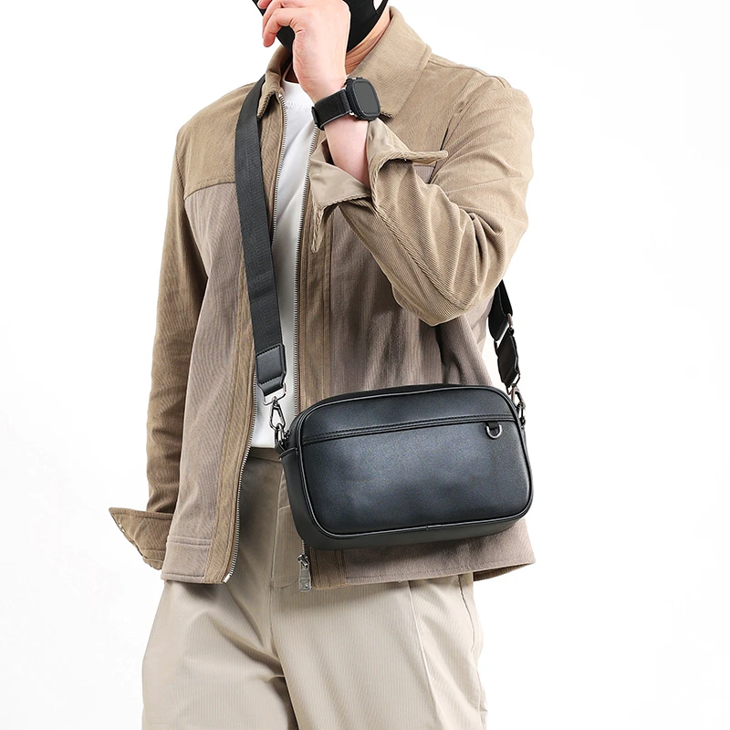 Luxury Business Shoulder Bag for Men Design Plaid PU Leather Messenger Crossbody Bag Casual Zipper Small Square Sling Bag Pouch