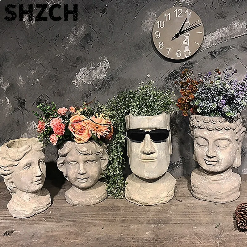 Vintage French Cement Buddha Head Planter Nordic Stone Sculpture Garden Decor