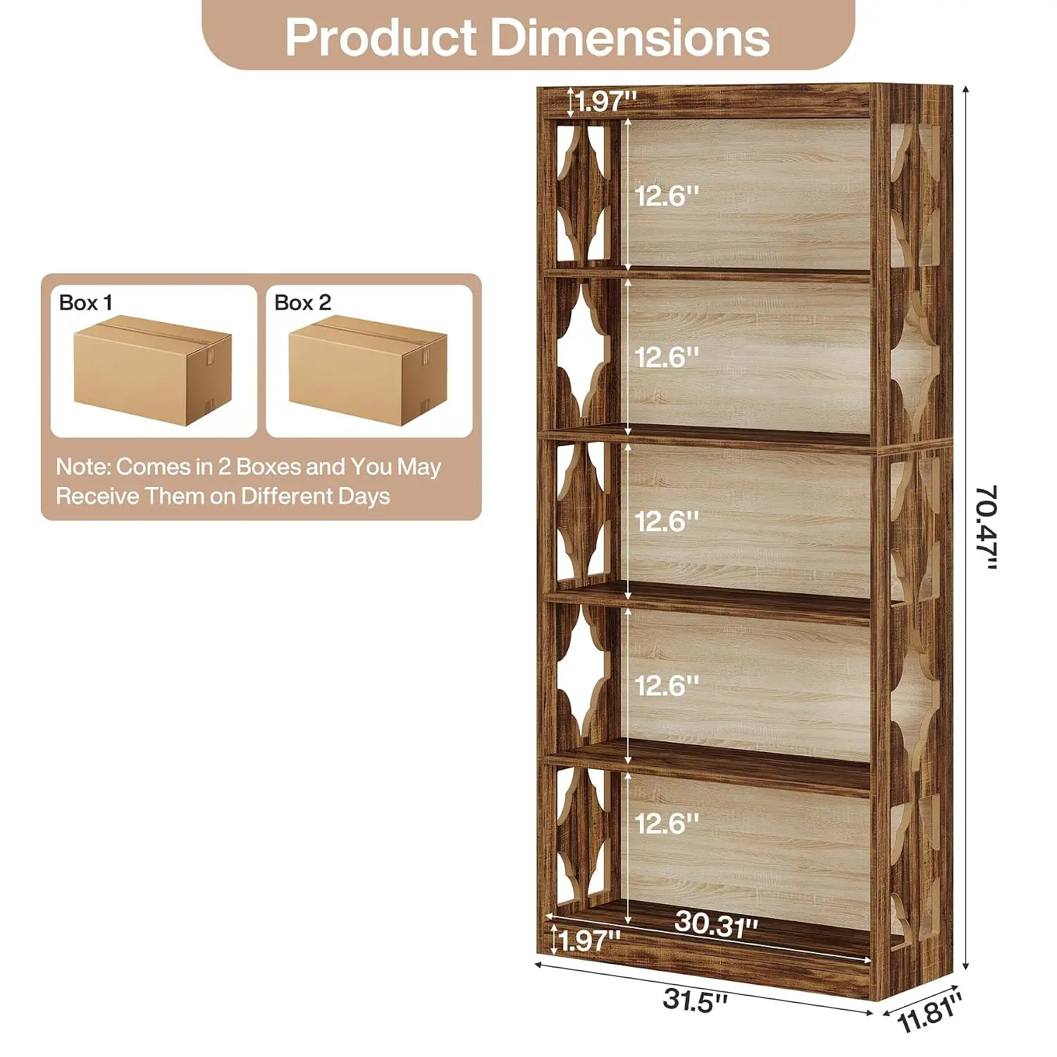 6-Tier Farmhouse Bookshelf, 70.47-Inch Tall Wood Display Shelf For Living Room Bedroom Office, Walnut, 2-Pack, Customized
