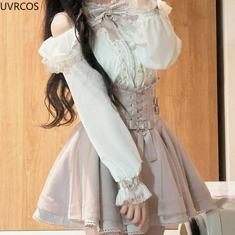 

Autumn/Winter New Japanese Showa Elegant Miss Off Shoulder Top High Waist Half Skirt Y2k Aesthetic Mini Skirt Lolita Full Set