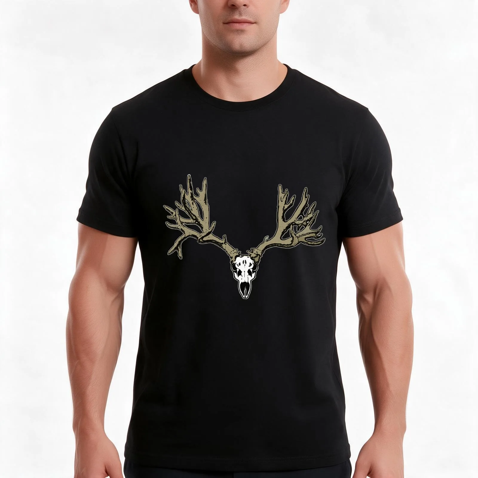 Velvet deer skull T-Shirt, Summer Casual Cotton Tee, Oversized Streetwear Tops, Vintage Graphic Print, Loose Fit Short Sleeve