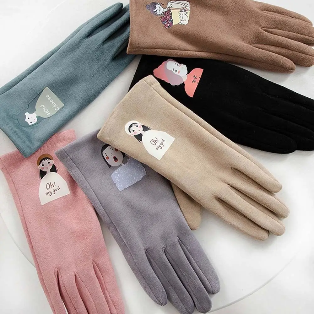 Letter Winter Velvet Gloves Fashion Print Girls Flower Cartoon Mittens Warm Touch Screen Five Finger Driving Gloves Outdooor