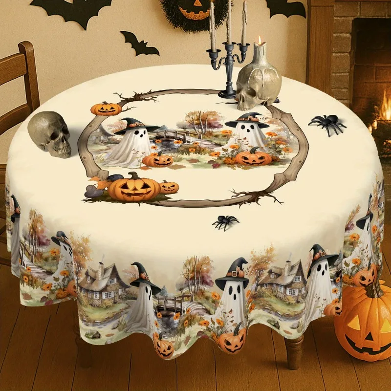 1 piece of vintage Halloween tablecloth - Autumn haunted house and pumpkin design, polyester, machine washablezyc