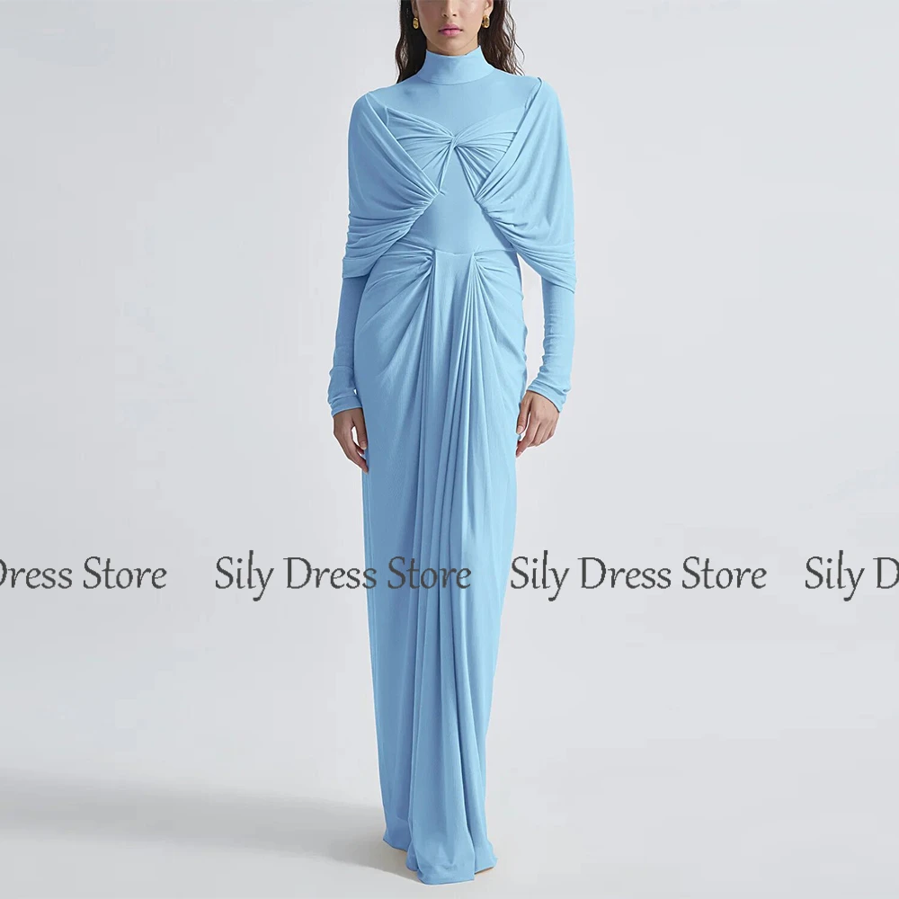 2024 Saudi Modern Ceremony Dresses Spandex Sheath/Column Evening Dress Azure High Collar Pleat Valentine's Day Gown Long