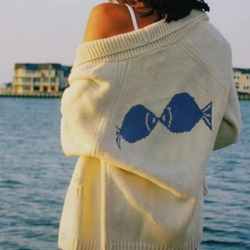 Women's Shawl Collar Cardigan Long Sleeve V Neck Graphic Print Button Down Sweater Knit Tops