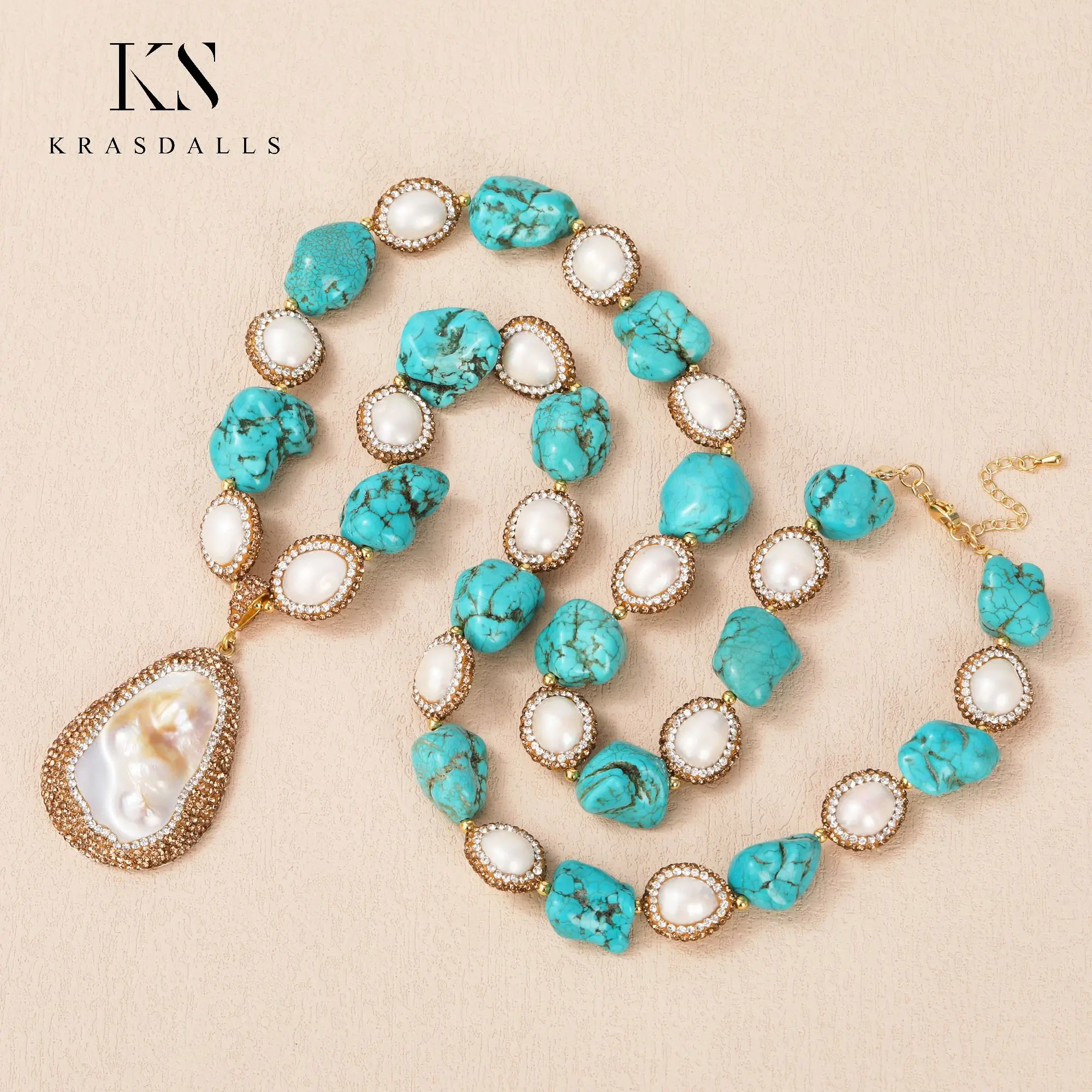 

High End Quality Natural Pearl Charms Rhinestone Edged Pendant Healing Necklace Turquoise Howlite Chunky Necklaces Lady Gift