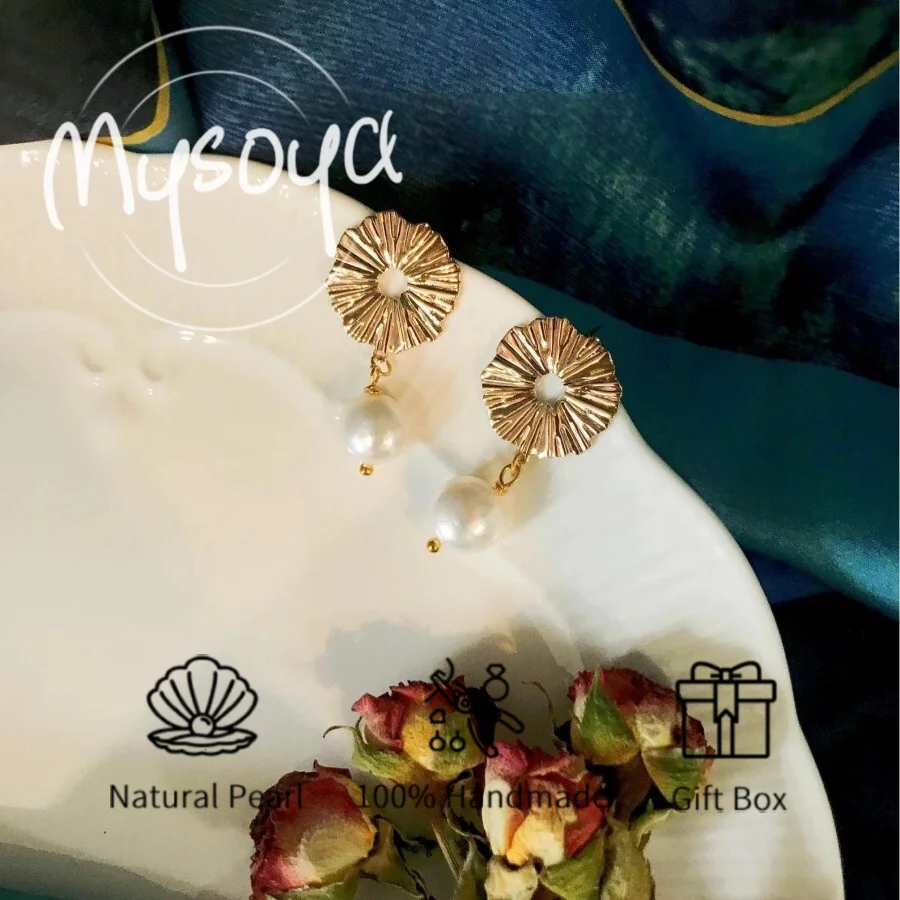 

MYSOYA 7-8 мм натуральный белый жемчуг в стиле барокко цветочные серьги с подарочной коробкой идеально подходят для дня рождения, свадьбы, рождественского подарка на годовщину