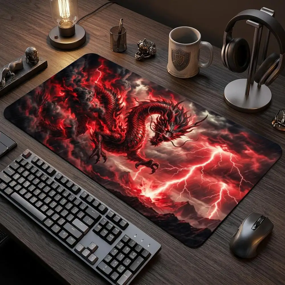 Red Chinese Dragon Thunder Volcano Playmat Large TCG Trading Card Game Mat Non-Slip Rubber Table Mat with Stitched Edge Desk Pad
