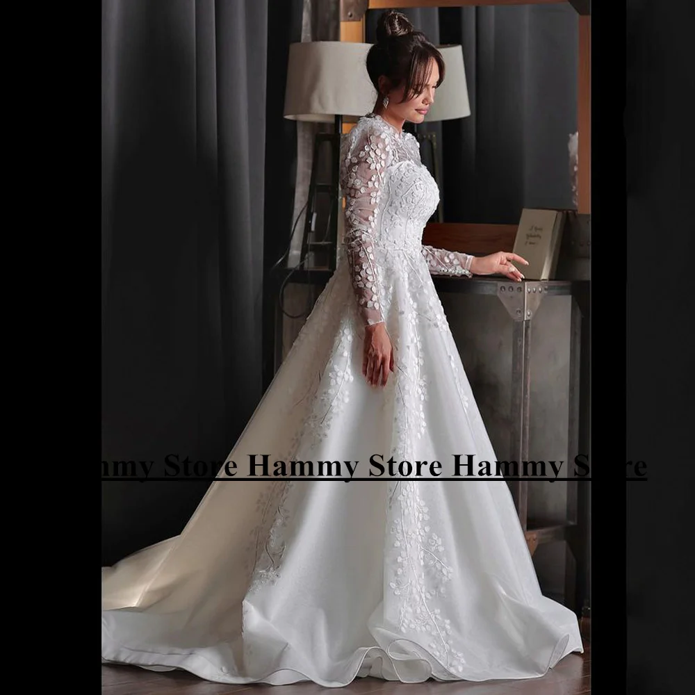 Yipeisha Saudi Arabic Wedding Dress High Neck Long Sleeves See-through Delicate Lace Sweep Train A Line Bridal Gown Robe Mariee