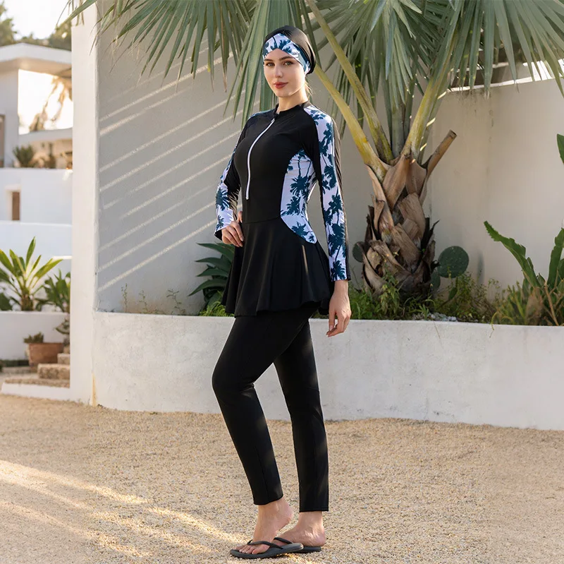 Women 3‑Piece Burkini Modest Swimsuit Long Sleeve Zipper Flared Tunic Top Full‑Length Pants Printed Hijab Islamic Beach Swimwear