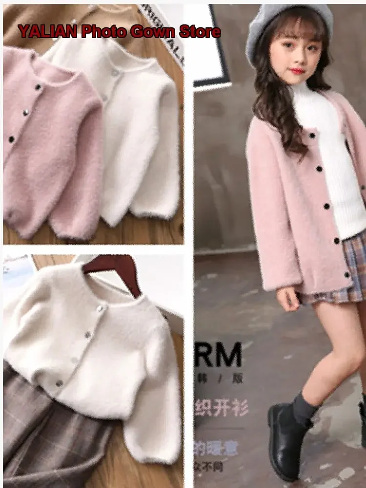 Girls Knit Coat Kids Autumn Spring Mink Fur Stylish Jacket Solid Color