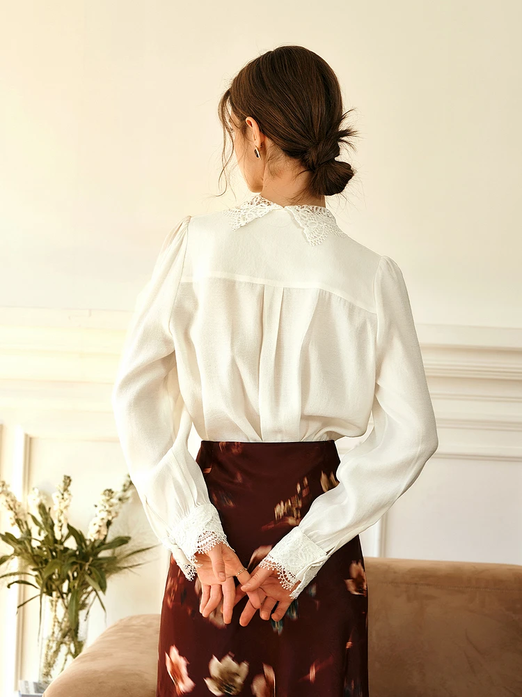 OLrain French V-neck Shirt Women's Autumn 2025 New Solid Temperament Blouse Single Breasted Ruffle Edge Lace Tops M57CC95862