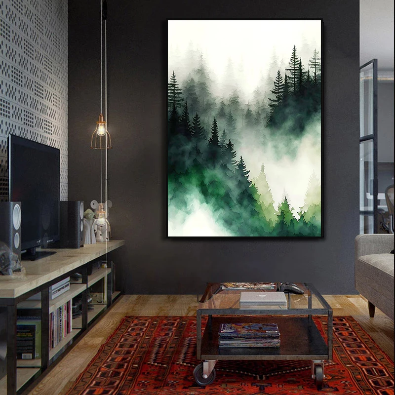 Foggy Mountain Misty Forest Pine Sage Green Wall Art Canvas Painting Nordic Poster and Prints Wall Picture for Living Room Decor