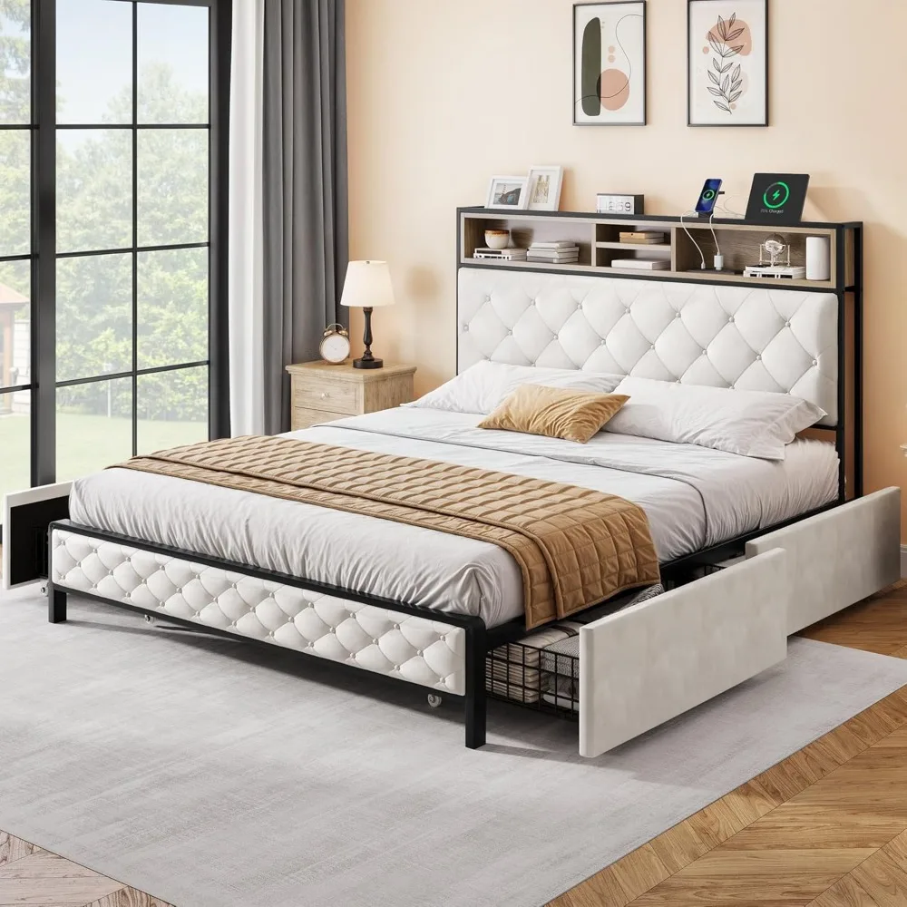 

Каркас кровати размера «queen-size» DWVO с 4 ящиками, мягкий каркас кровати-платформы с USB-портами для зарядки и изголовьем книжного шкафа, Si
