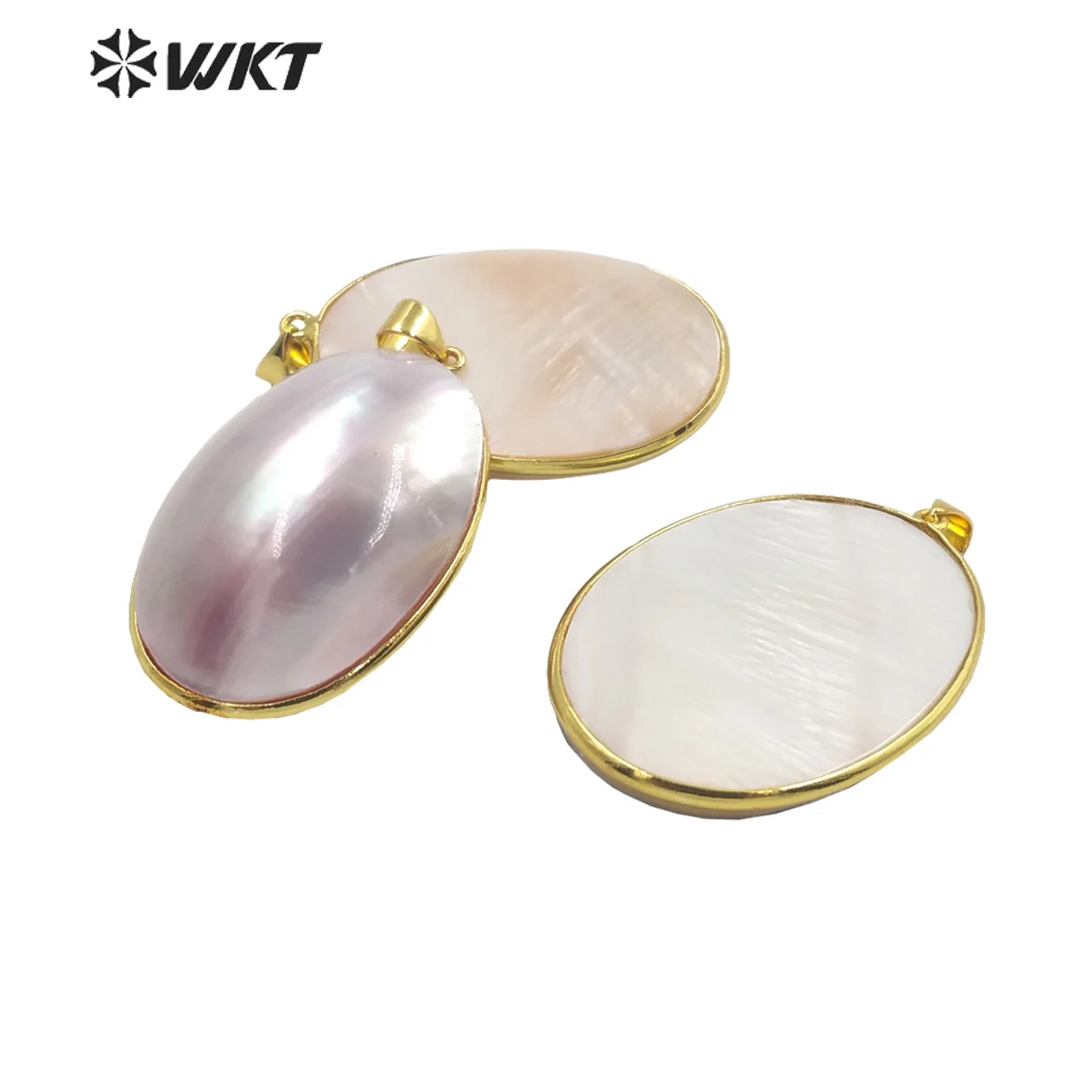 

WT-JP338 Wholesale Fashion Gold Bezel Brightly Natural Mabe Shell Pendant Long Oval Pink ACC Jewelry For Friends Gift