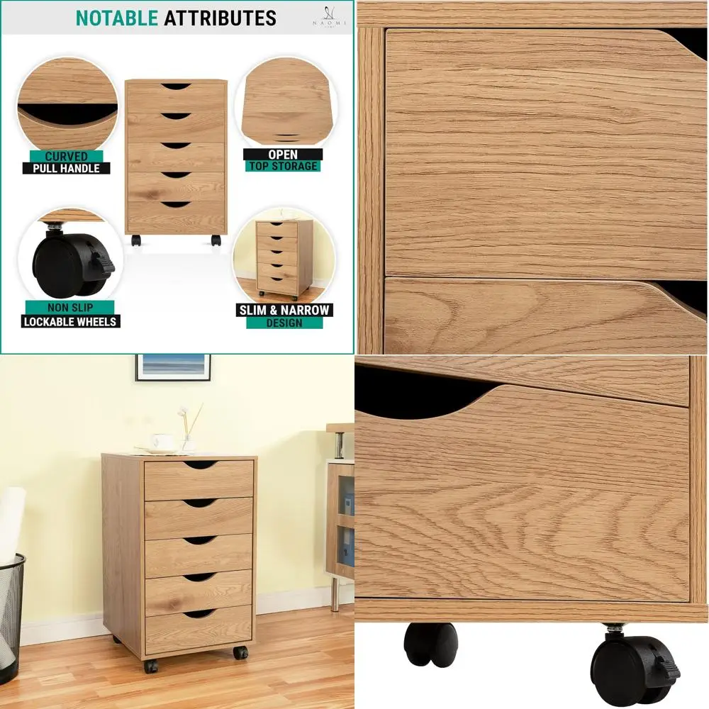 

Настольный шкаф для документов с 5 ящиками на колесиках для организации офиса, грузоподъемность 180 фунтов, натуральная отделка