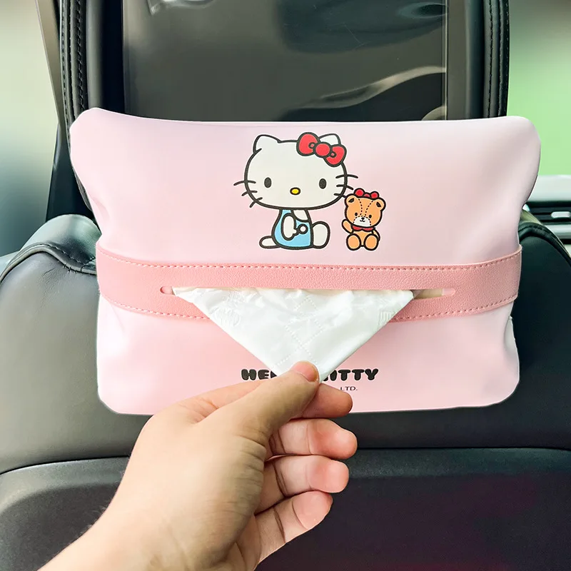 Sanrio-caja de pañuelos para coche, caja de cena, bolsa de pañuelos para asiento trasero, caja de almacenamiento de cuero con dibujos animados de Hello Kitty, accesorios para coche, regalo de vacaciones