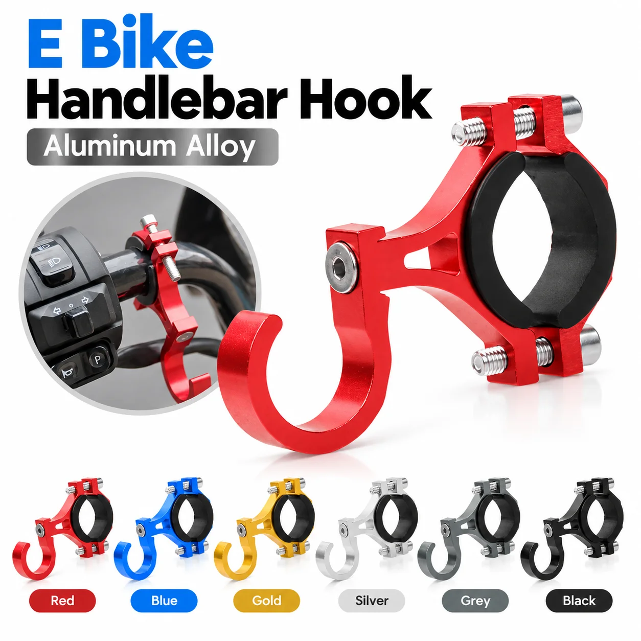 1Pcs Aluminum Alloy Handlebar Hook Angle Adjustable with Screw Handlebar Clamp Mount No Drill Mount Black Base