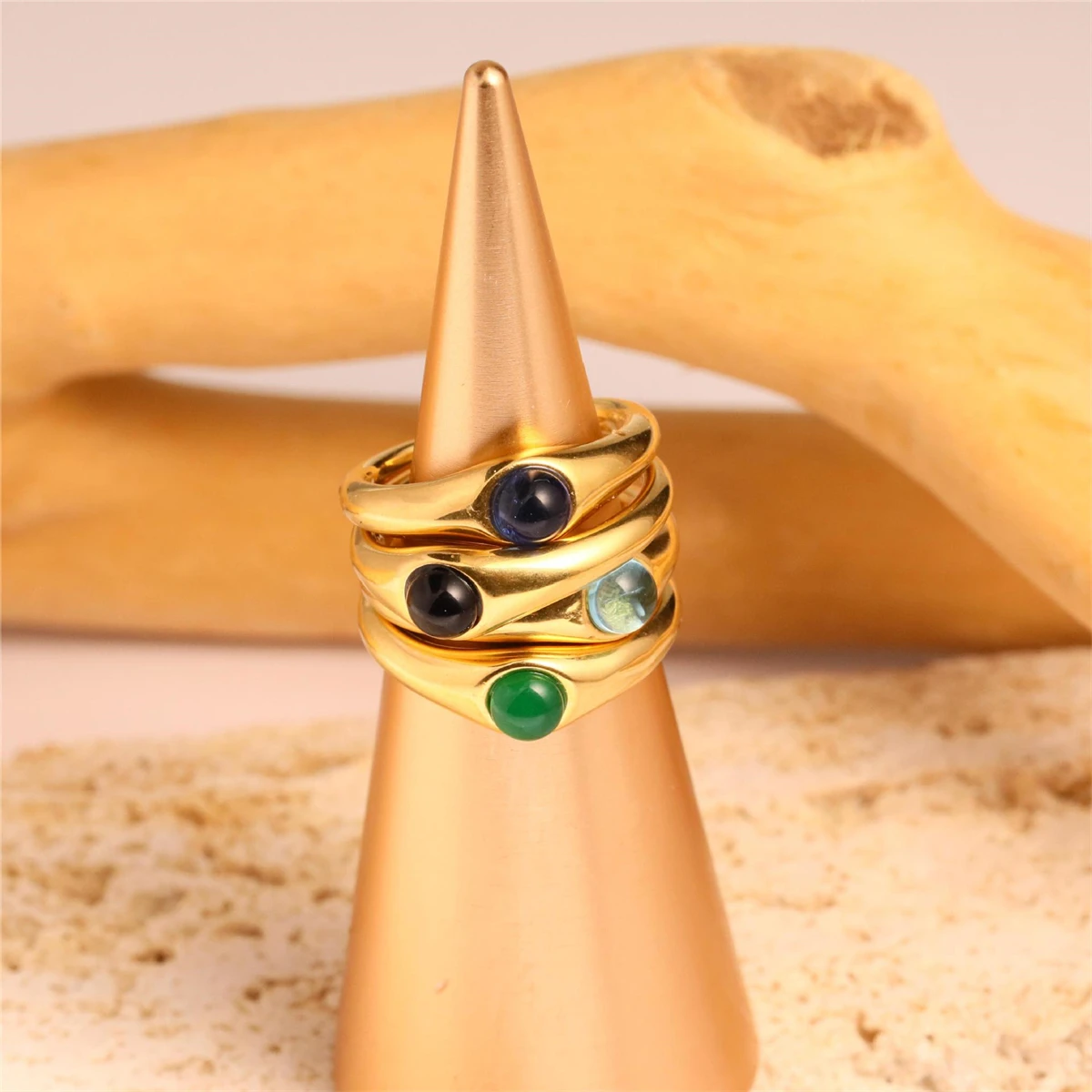 Minimalista Anel Circular Transparente, Pedra Natural, Gradiente Azul, Preservação De Cor Fornalha De Vácuo, Banhado A Ouro 18K Anel, Novo