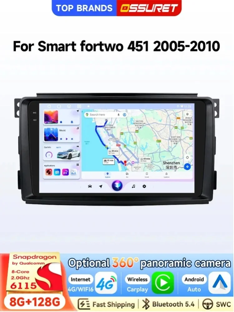 OSSURET Bestseller 2 Din 9 Zoll Android 14 GPS-Navigation Autoradio für Smart fortwo 451 2005-2010 Haupteinheit mit Snapdragon 6115 CarPlay Android Auto SWC Octa-Core DSP 4G LTE WLAN RDS Bluetooth