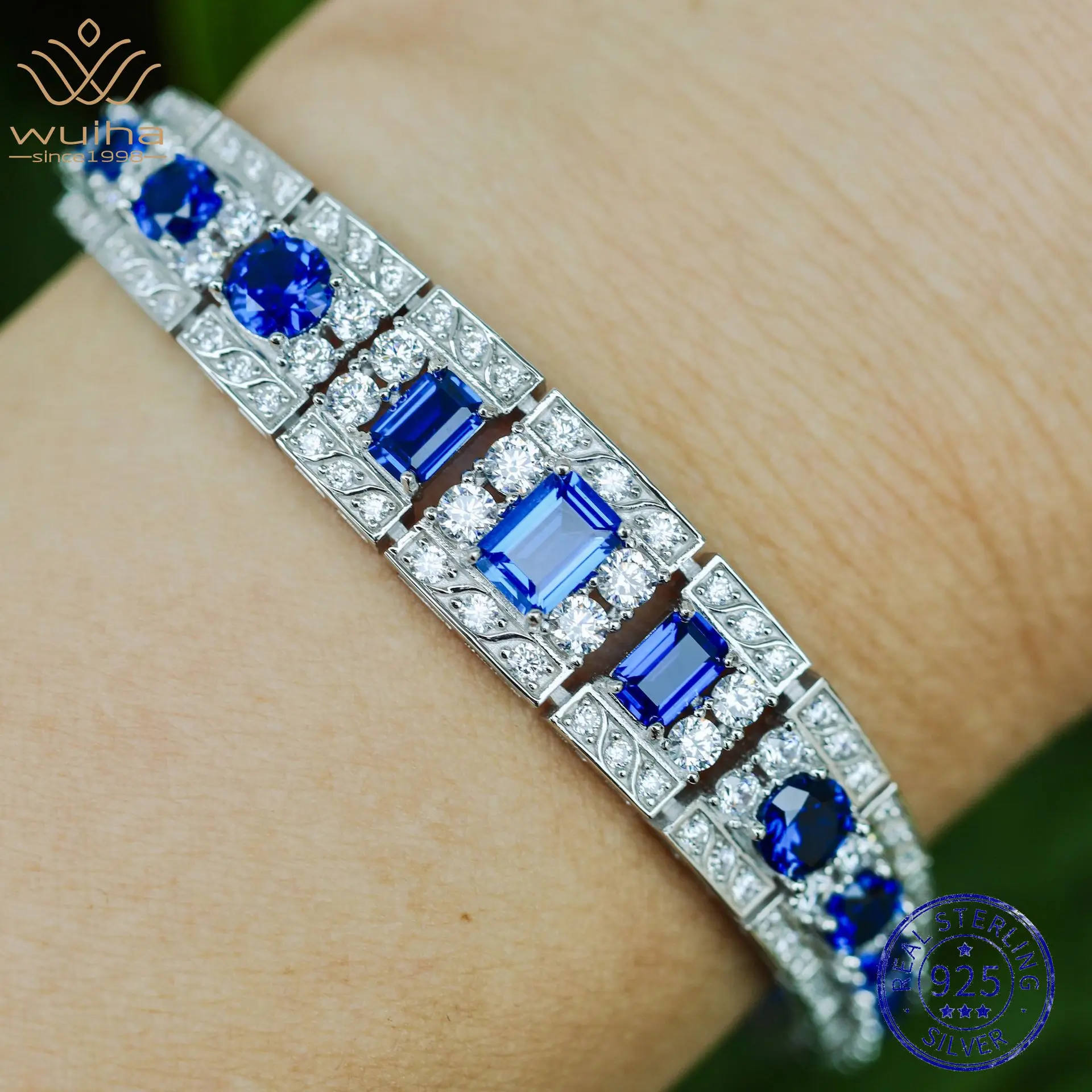 

WUIHA Vintage 925 Sterling Silver Lab Sapphire High Carbon Diamonds Gemstones Bracelet Bangle Cocktail Fine Jewelry Wholesale