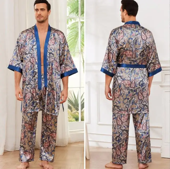 

Spring New Arrived Men's Pajamas Long Sleeve Kimono Gown Bathrobe 2PCS Robe Trouser Suits Luxury Silky Satin Homewear Loungewear