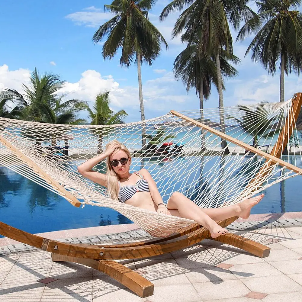 Double Rope Hammock with Wooden Arc Stand, 2-Person Cotton Hammock, 450 lbs Capacity, Natural