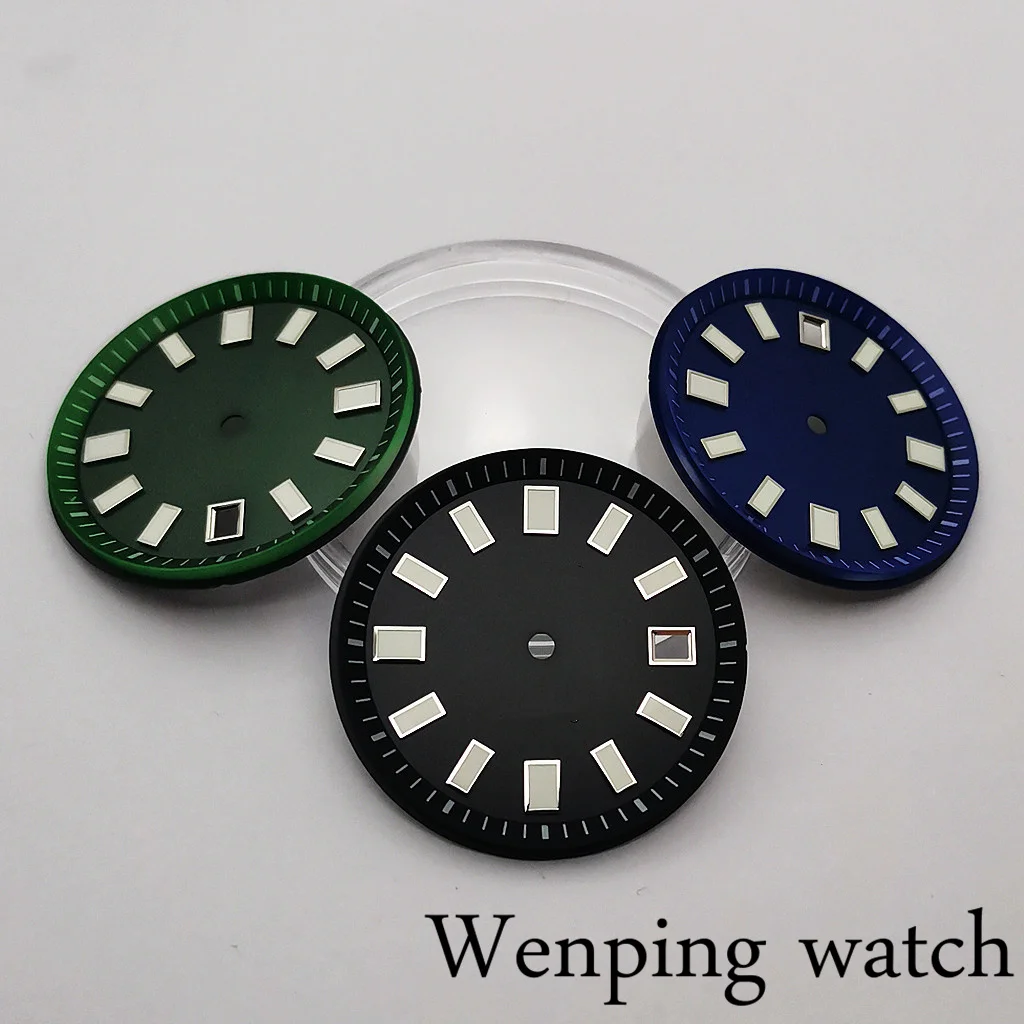 New 33.4mm Sterile Black/Blue/Green Watch Dial Green Luminous Fit NH35 NH36 Automatic Movement Customized logo are available