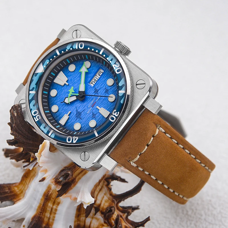 Seiko Watch Blue Dial Automatic Watch for Men Sapphire Glass Crown at 3.0 Oclock 20ATM Waterproof Transparent Bottom Back Cover