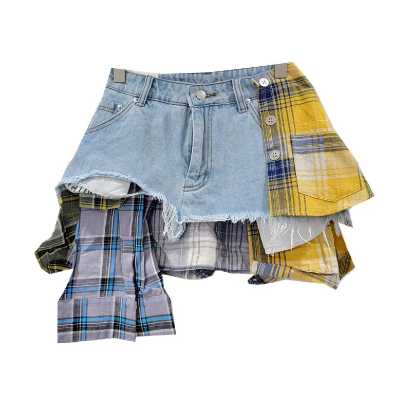 SuperAen 2024 Spring/Summer Deconstructed Style Blue Yellow Plaid Spliced High Waist A-line Denim Shorts Irregular Skirt