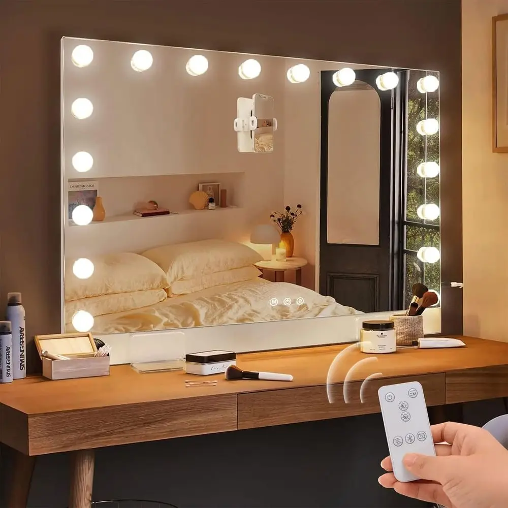 

31.5x22.8 LED Lighted Makeup Mirror with Bluetooth Speaker, 18 Dimmable Bulbs & USB Charging Port