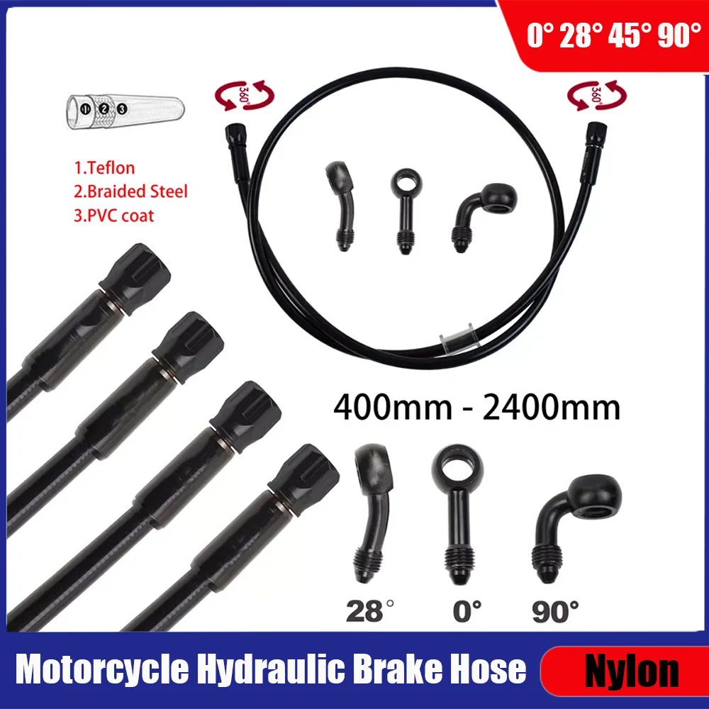 

M10 Stainless Steel Braided Motorcycle Black Brake Hose Line Oil Pipe Clutch Tube with 360 Degree Rotatable Banjo 0° 28° 45° 90°