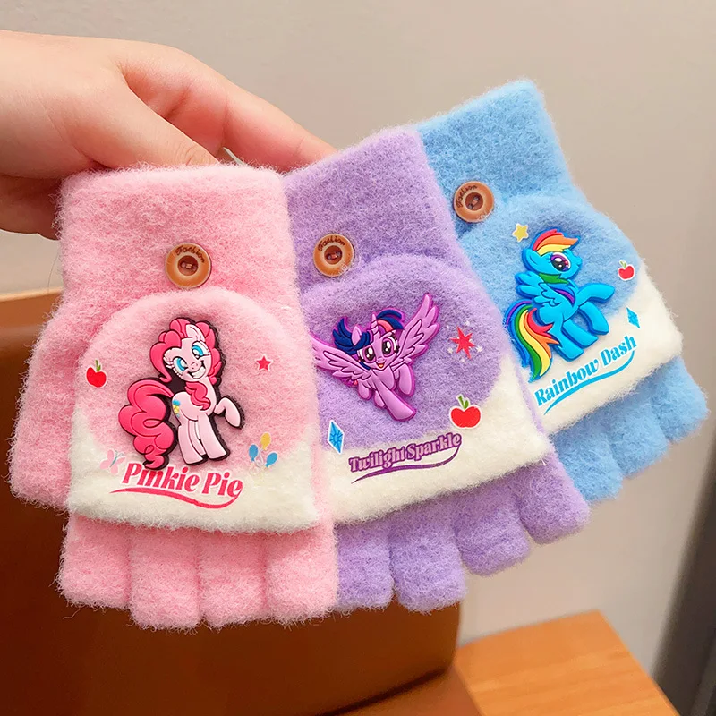 My Little Pony children's gloves winter girls cold warm flip gloves cartoon writing anti-freezing half finger gloves