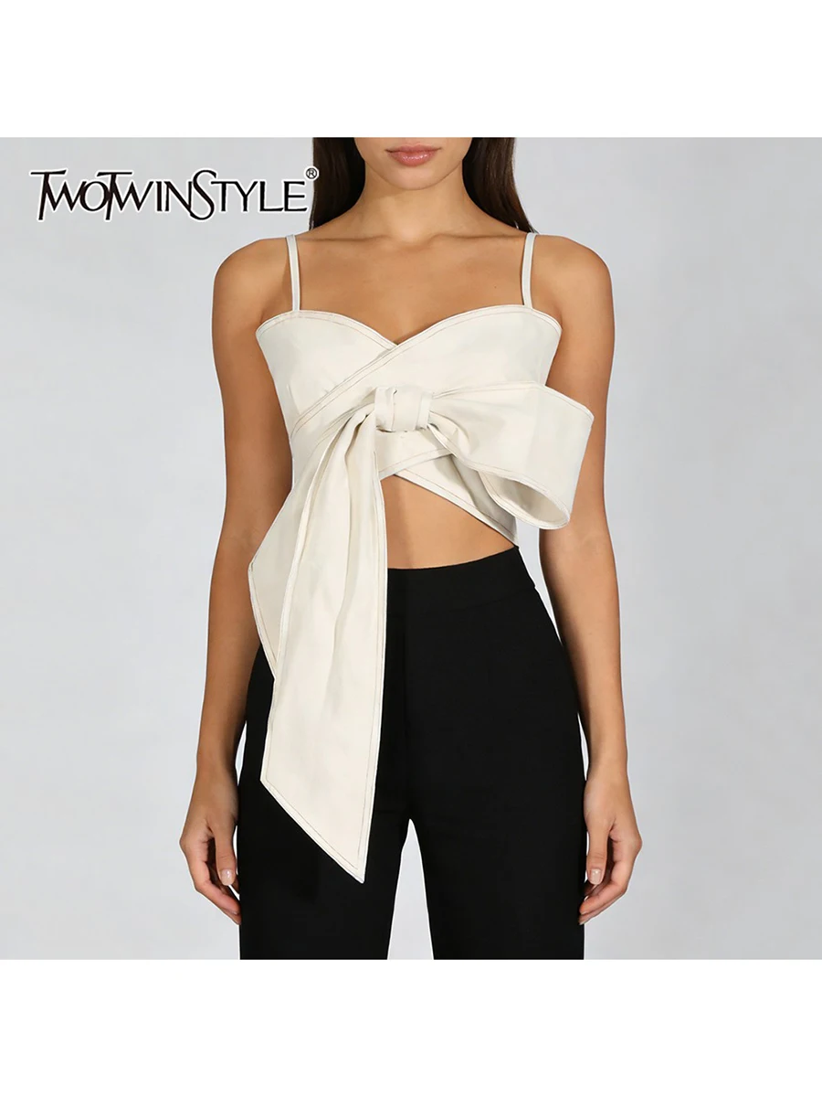 TWOTWINSTYLE Solid Slimming Spliced Bowknot Design Sense Vest for Women Square Neck Sleeveless Fashion Vests Female Clothing New