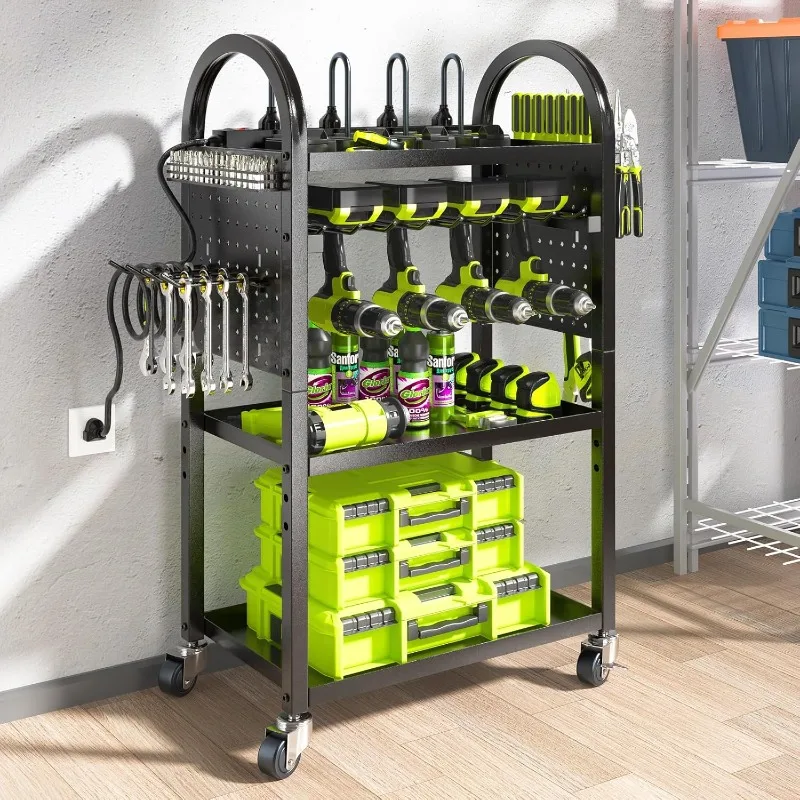 

Power Tool Organizer Cart with Charging Station,Garage Floor Rolling Storage on Wheels for Mechanic,Mobile 8 Drill Holde