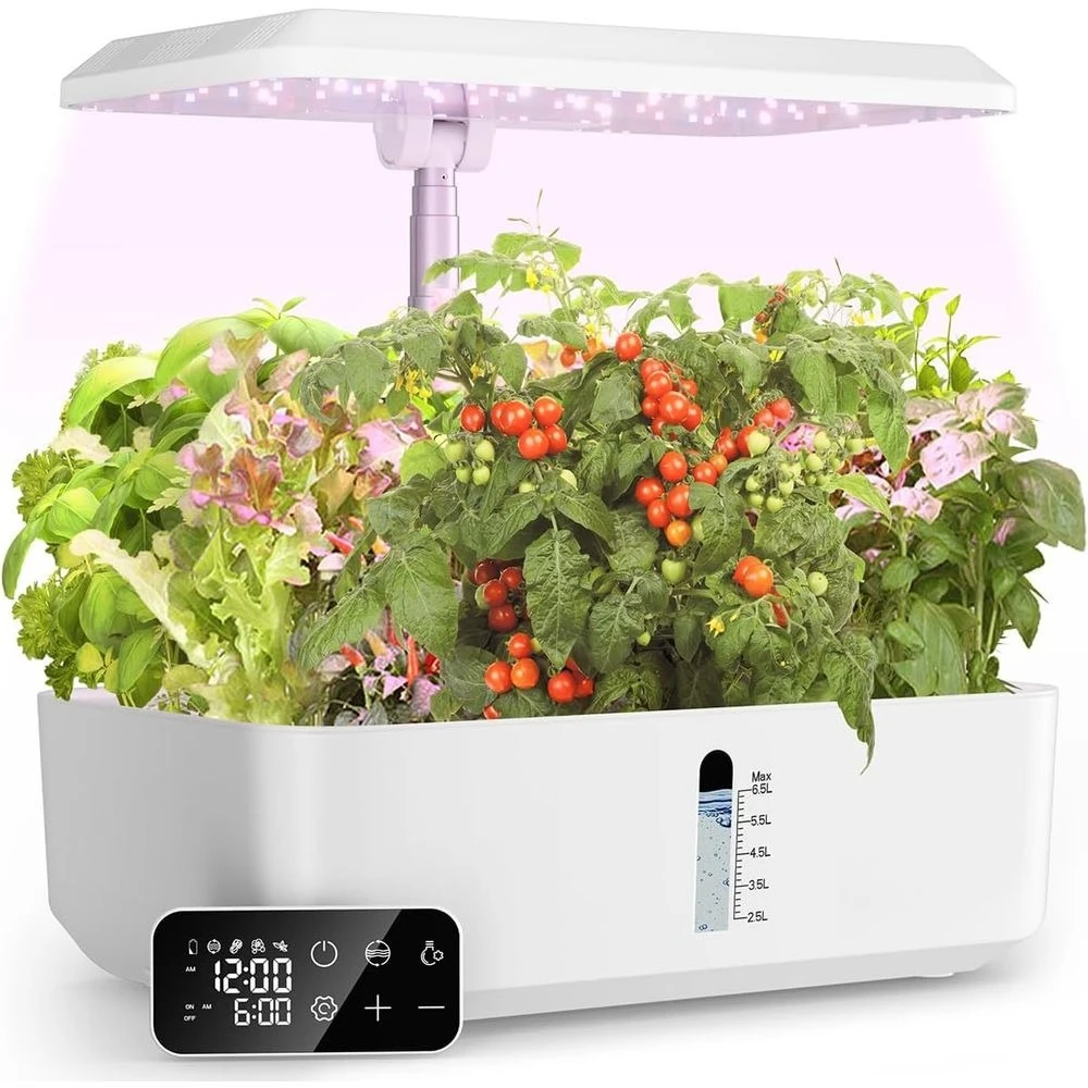 

Indoor Hydroponic Garden System: 12-Pod Vertical Farming Kit with Adjustable Grow Lights and Germination Gifts, White