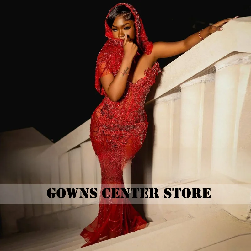 히잡이 달린 섹시한 시스루 레드 댄스 파티 드레스 라인스톤 인어 파티 가운 크리스탈 베스티도스 드 갈라 맞춤형