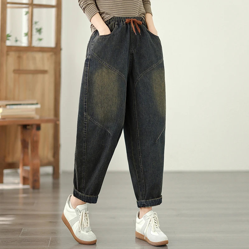 بالإضافة إلى حجم المرأة فضفاضة تناسب عارضة الحريم الجينز المتعثرة الأبيض Waed السراويل الطويلة مريحة مرونة الخصر سراويل جينز #3