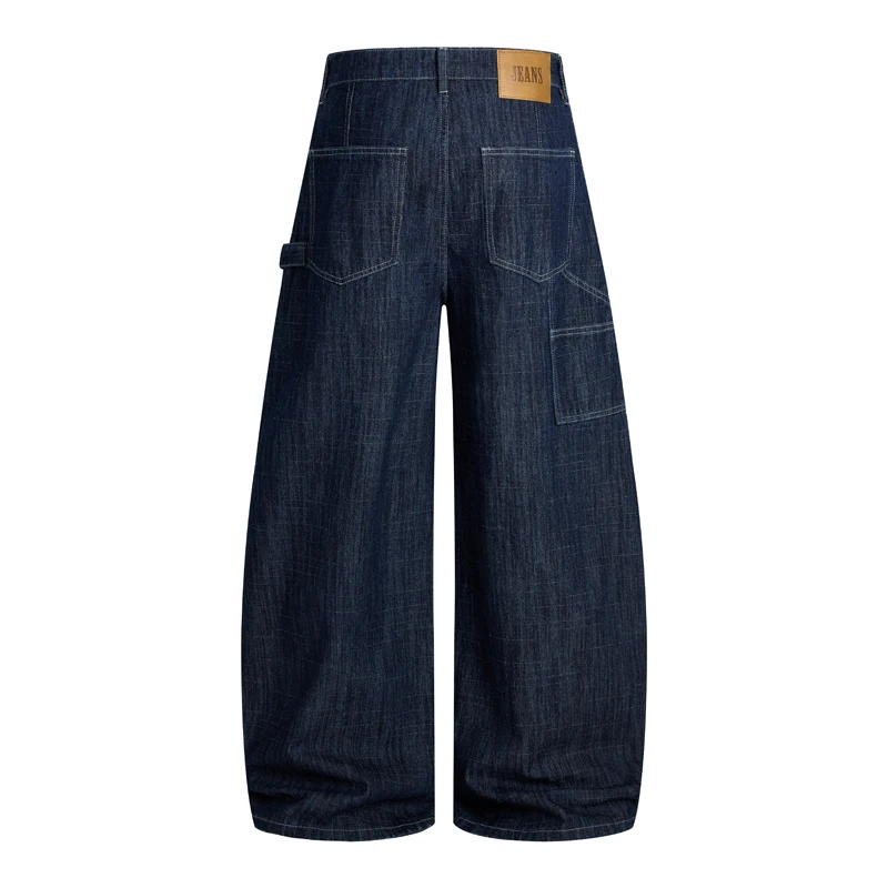American Style Blue Bamboo Patterned Men's Cargo Jeans Loose Fit Wide Leg Washed Floor Length Curved Pocket Pants