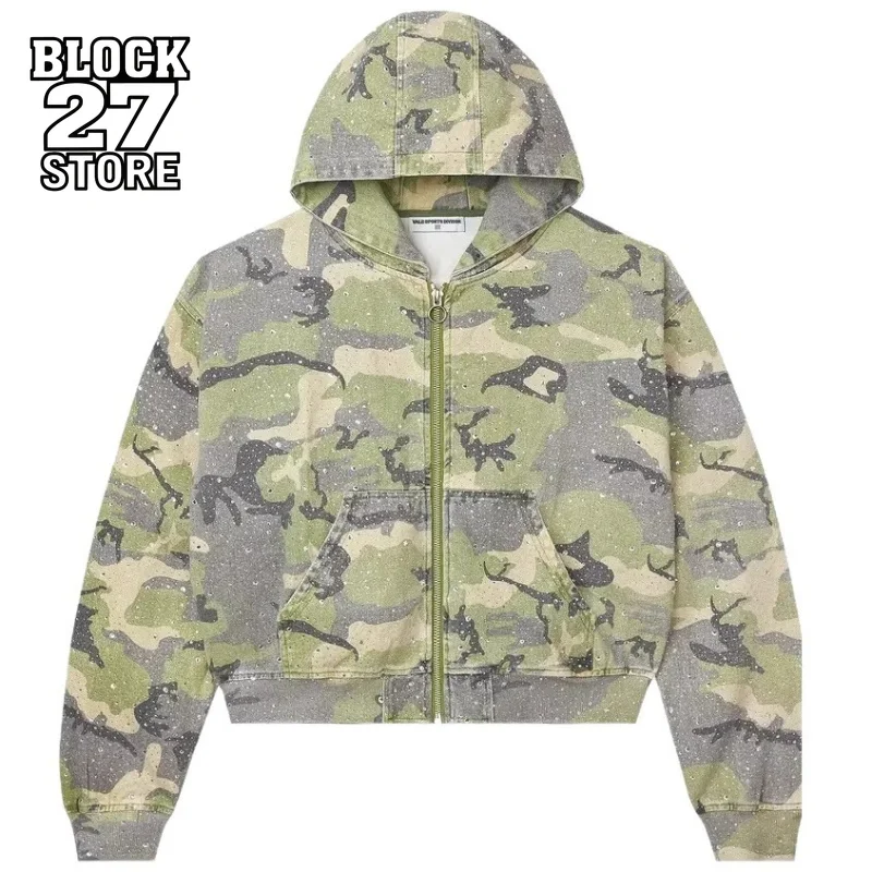Mens Hoodie Y2K Rhinestone Camo Zip Up Sweatshirt Harajuku Unisex Loose Fit Military Green Hooded Streetwear Fashion Trend New